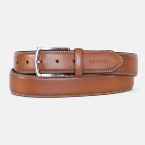 Nautica Men's Double Stitch Cognac Brown Leather Belt with Silver Buckle